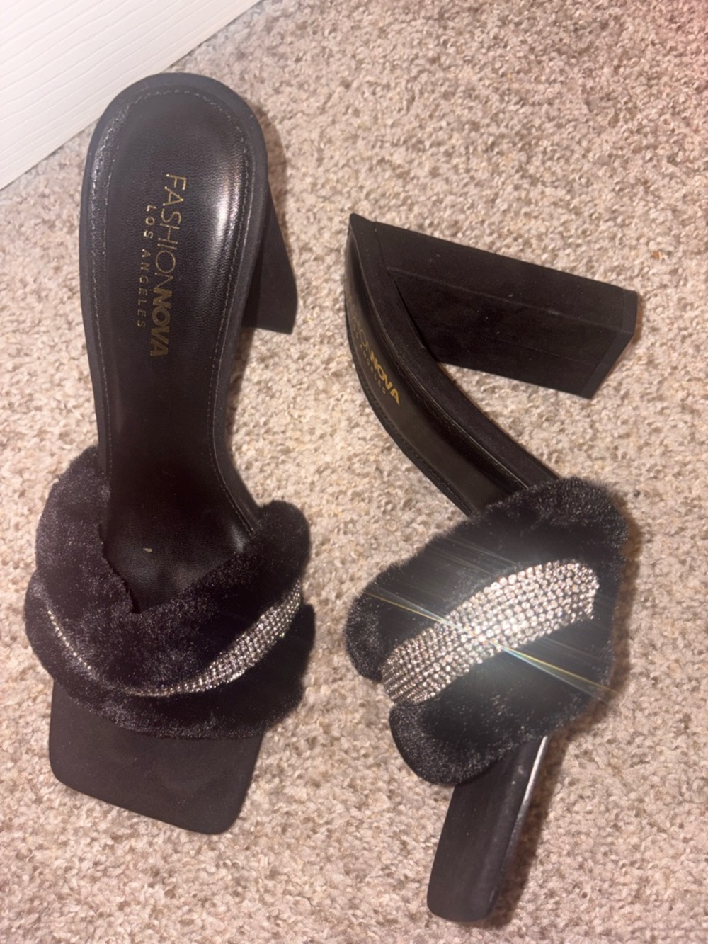Fashion Nova Black Fur Slide Heels with Crystal Accent - Picture 3 of 3